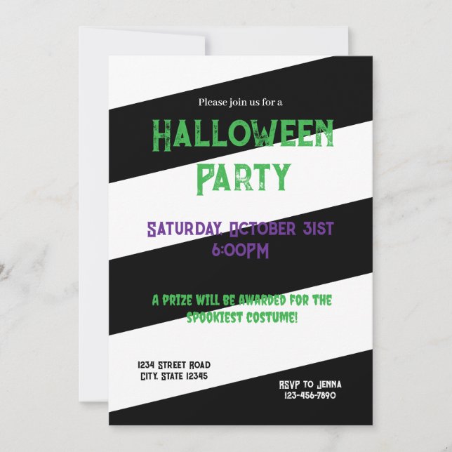 Schwarzweiß gestreiftes Halloween-Party Einladung (Vorderseite)