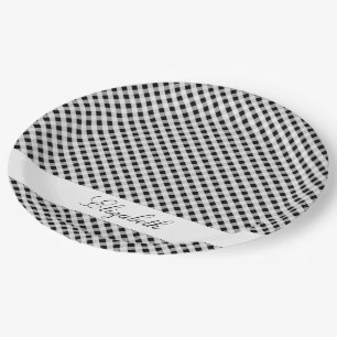Schwarzweiss-Gingham-Karo-kariertes Muster Pappteller