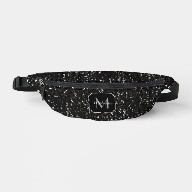 Schwarzweiß glänzende Glitzer Glitzern Monogram Bauchtasche (Vorderseite)