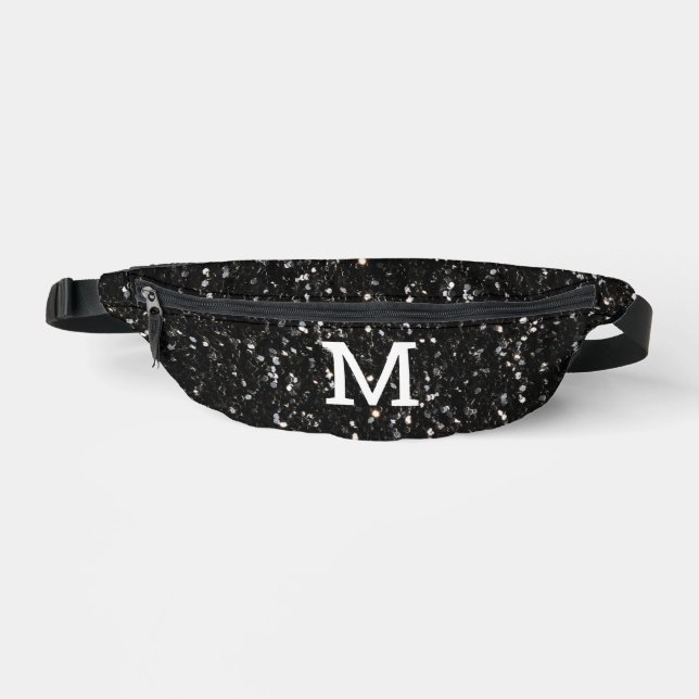 Schwarzweiß glänzende Glitzer Glitzern Monogram Bauchtasche (Vorderseite)