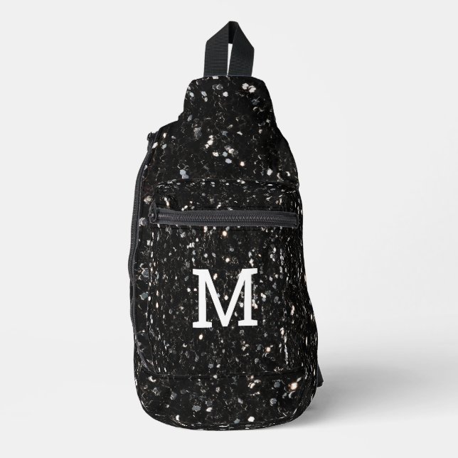 Schwarzweiß glänzende Glitzer Glitzern Monogram Crossbody Bag (Vorderseite)