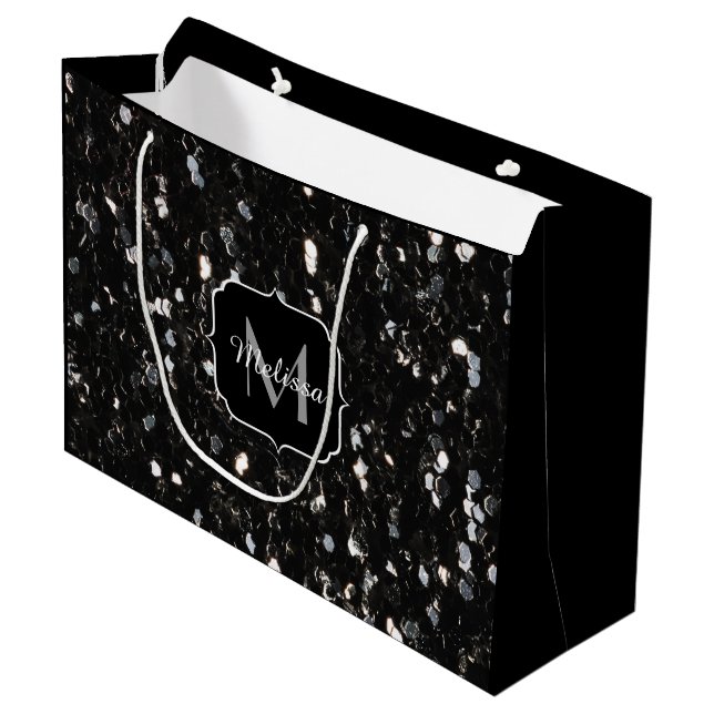 Schwarzweiß glänzende Glitzer Glitzern Monogram Große Geschenktüte (Vorderseite Schrägansicht)