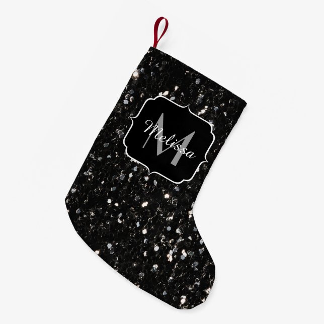 Schwarzweiß glänzende Glitzer Glitzern Monogram Kleiner Weihnachtsstrumpf (Vorderansicht (hängend))