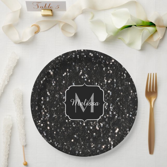 Schwarzweiß glänzende Glitzer Glitzern Monogram Pappteller (Hochzeit)