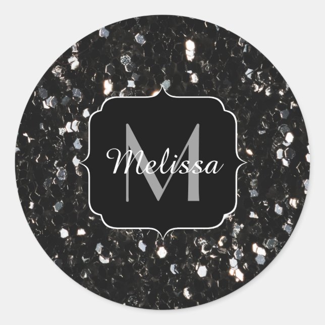 Schwarzweiß glänzende Glitzer Glitzern Monogram Runder Aufkleber (Vorderseite)
