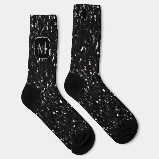 Schwarzweiß glänzende Glitzer Glitzern Monogram Socken (Rechts)