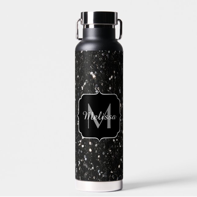 Schwarzweiß glänzende Glitzer Glitzern Monogram Trinkflasche (Vorne)