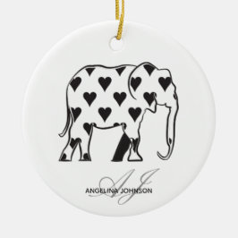 Schwarzweiss-Herz-Muster-Elefant mit Monogramm Keramik Ornament