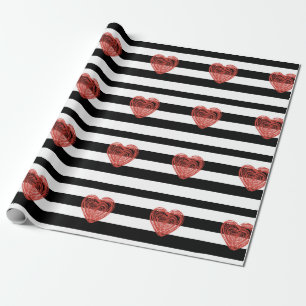 Schwarzweiss-Herz-Packpapier der Streifen-w/Red Geschenkpapier