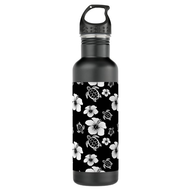 Schwarzweiss-Hibiskus Honu Hawaiianer-Muster Trinkflasche (Vorderseite)