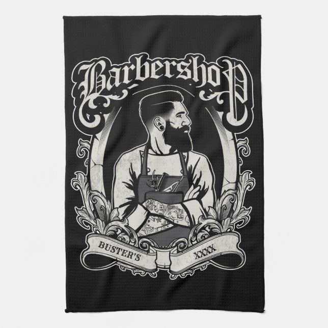 Schwarzweiß-Hipster-Barbershop personalisieren Geschirrtuch (Vertikal)