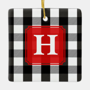 Schwarzweiss-Holzfäller-kariertes Monogramm Keramikornament