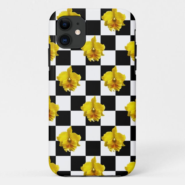 Schwarzweiss-Karos mit gelber Orchidee Case-Mate iPhone Hülle (Rückseite)