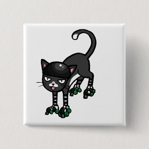 Schwarzweiss-Katze auf Rollerskates Button