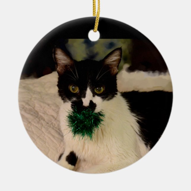 Schwarzweiss-Katze mit Ballverzierung Keramik Ornament (Vorne)