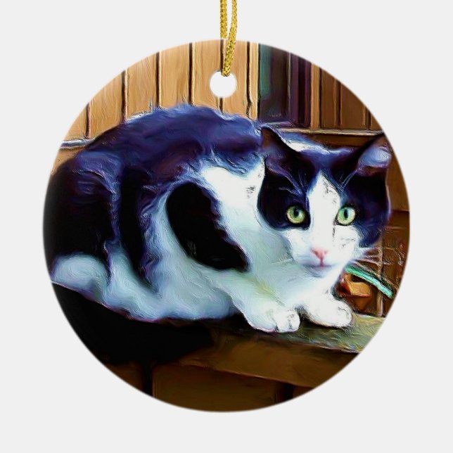 Schwarzweiss-Katzenverzierung Keramik Ornament (Vorne)