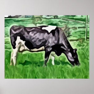 Schwarzweiss-Kuh, die Malerei weiden lässt Poster