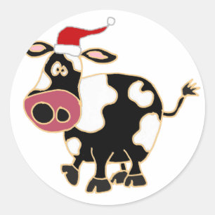 Schwarzweiss-Kuh in der Weihnachtsmannmütze Runder Aufkleber
