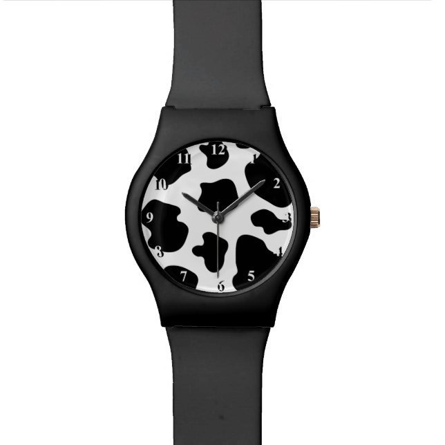 Schwarzweiss-Kuhmuster | Rindleder-Druckuhr Uhr (Nahaufnahme)