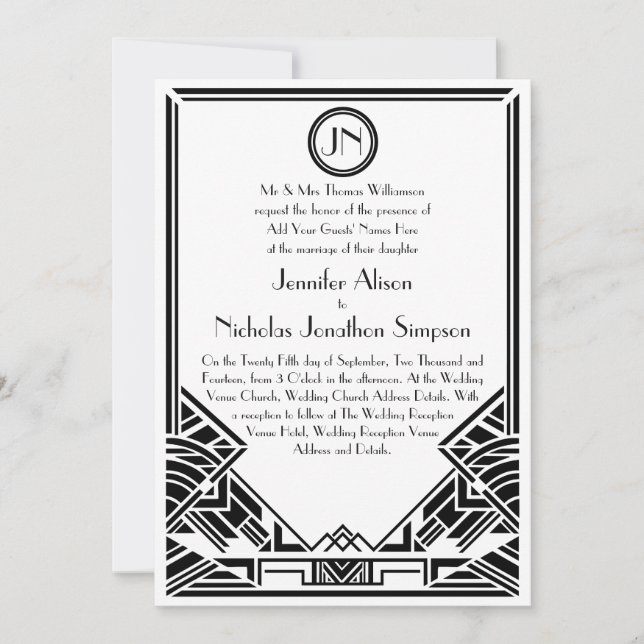 Schwarzweiss-Kunst-Deko Gatsby Hochzeit lädt ein Einladung (Vorderseite)