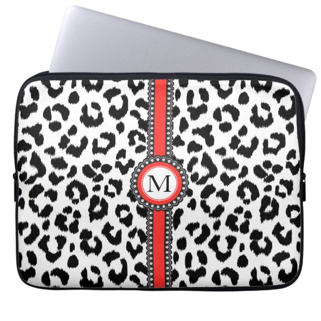 Schwarzweiss-Leoparddruck mit Monogramm Laptopschutzhülle (Vorderseite)