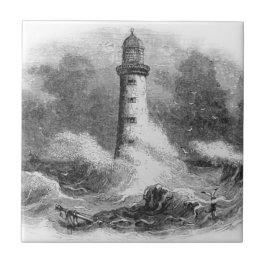 Schwarzweiss-Leuchtturm-Radierung Fliese