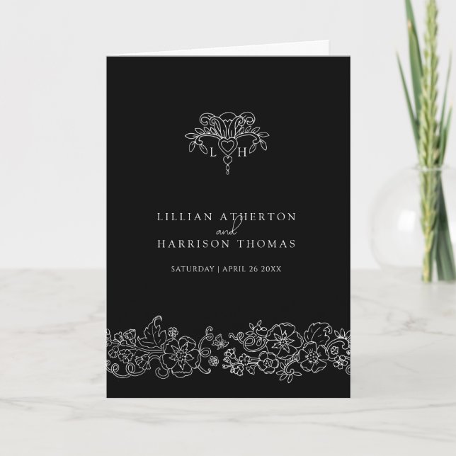 Schwarzweiß-Lilie-Monogramm-Hochzeit Programm (Vorderseite)