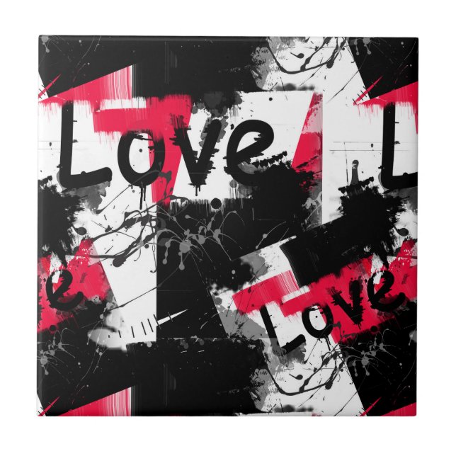 Schwarzweiß mit roten Flecken Liebe Muster Fliese (Vorderseite)