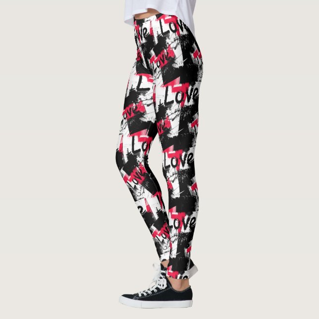 Schwarzweiß mit roten Flecken Liebe Muster Leggings (Links)