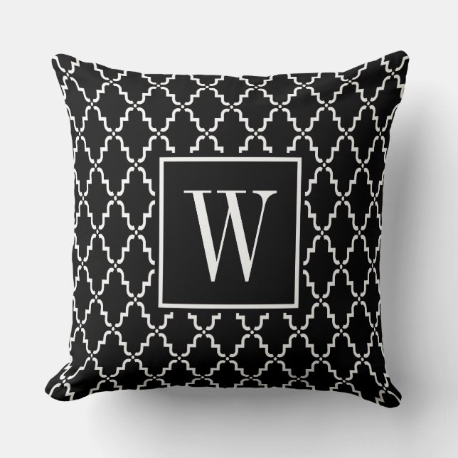 Schwarzweiss-Monogramm-Marokkaner Quatrefoil Kissen (Vorderseite)