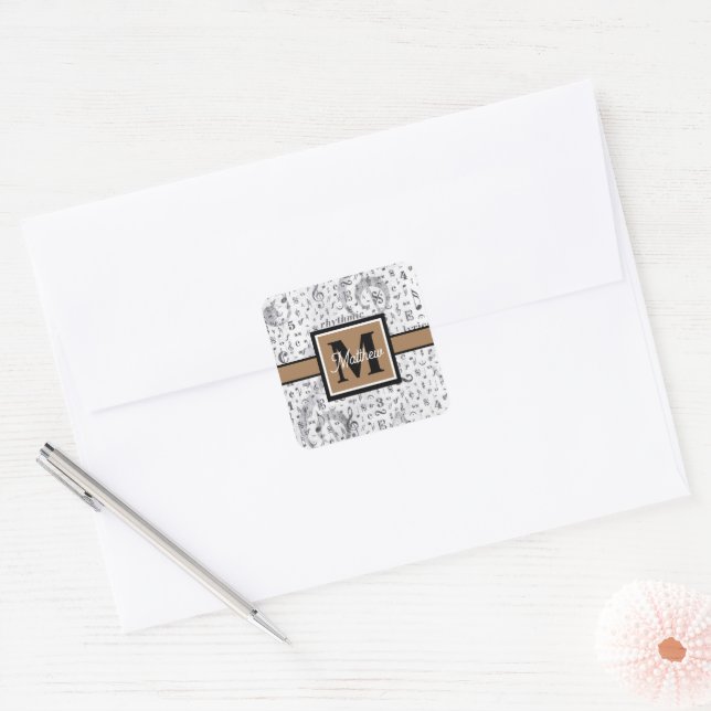 Schwarzweiß-Musiknote Musician Monogram Quadratischer Aufkleber (Umschlag)