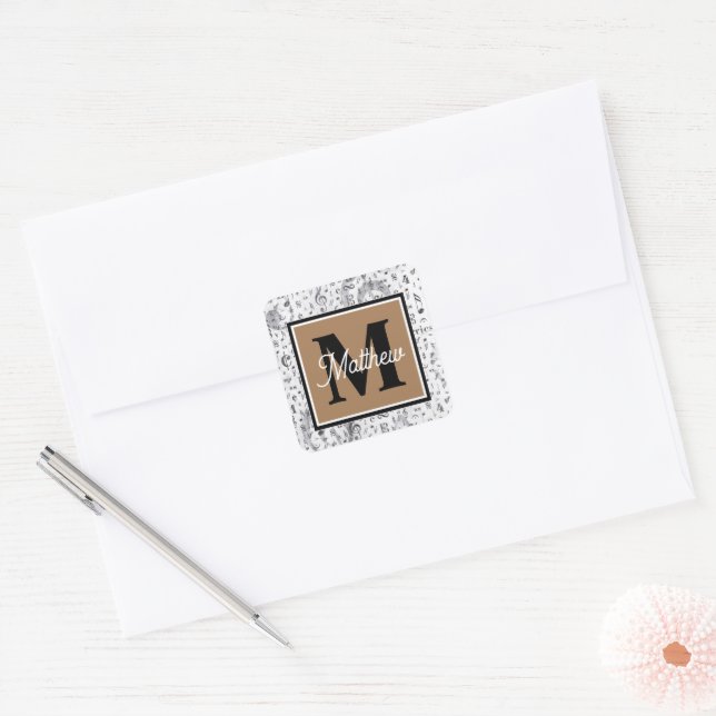 Schwarzweiß-Musiknote Musician Monogram Quadratischer Aufkleber (Umschlag)