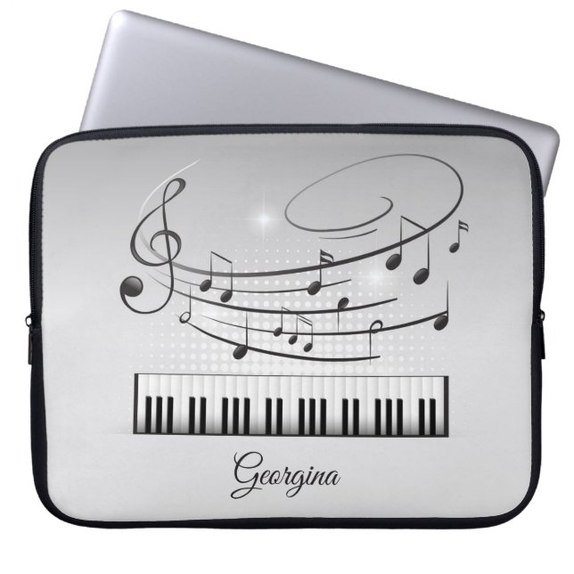 Schwarzweiß-Musiknoten mit Individuelle Name Laptopschutzhülle (Vorderseite)