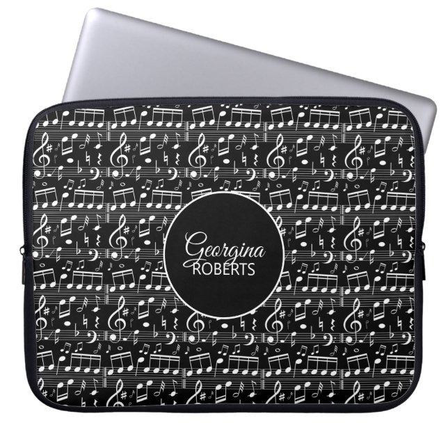 Schwarzweiß-Musiknoten-Muster und Anpassung Laptopschutzhülle (Vorderseite)
