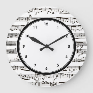 Schwarzweiss-Musiknotenuhr mit Zahlen Große Wanduhr
