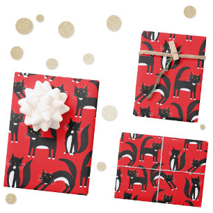 Schwarzweiß Niedliche Tuxedo Kitty Red Pattern Geschenkpapier Set