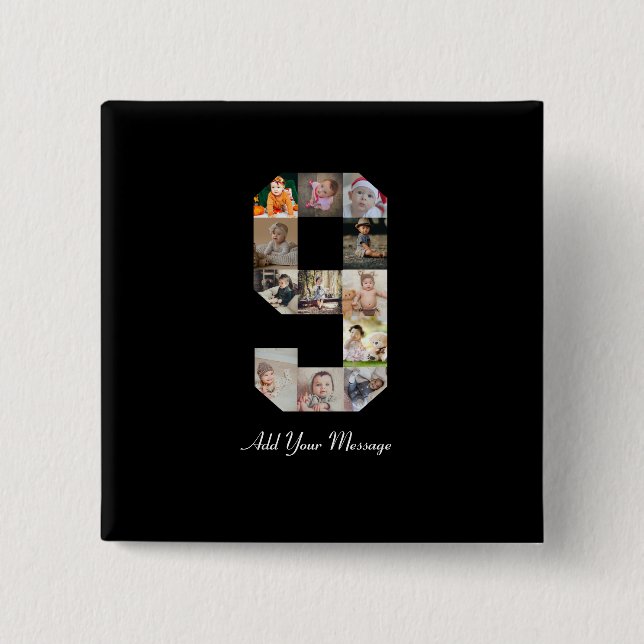 Schwarzweiß-Nummer 9 FotoCollage Button (Vorderseite)