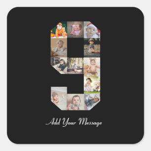 Schwarzweiß-Nummer 9 FotoCollage Quadratischer Aufkleber