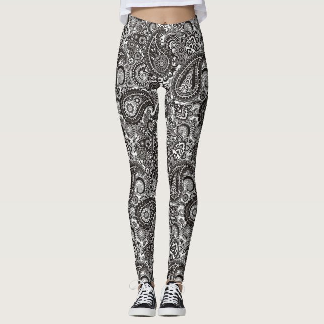 Schwarzweiss-Paisley Leggings (Vorderseite)