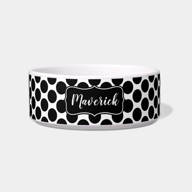 Schwarzweiss-Polka-Punkt-Muster-individueller Name Napf (Vorderseite)