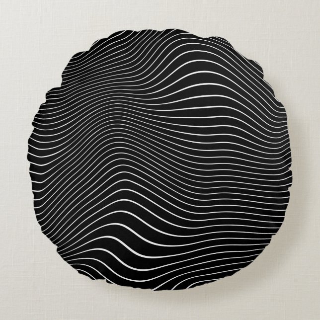 Schwarzweiß Psychedelic Linear Wavy Hintergrund Rundes Kissen (Vorderseite)