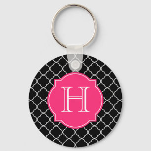Schwarzweiss-Quatrefoil mit Monogramm Schlüsselanhänger