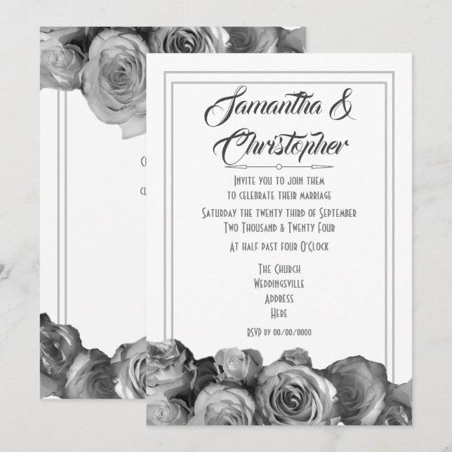 Schwarzweiss-Rosen-Blumenhochzeit Einladung (Vorne/Hinten)