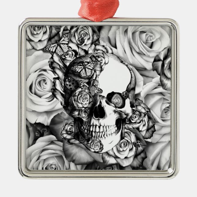 Schwarzweiss-Rosenschädel mit Schmetterlingen Silbernes Ornament (Vorne)