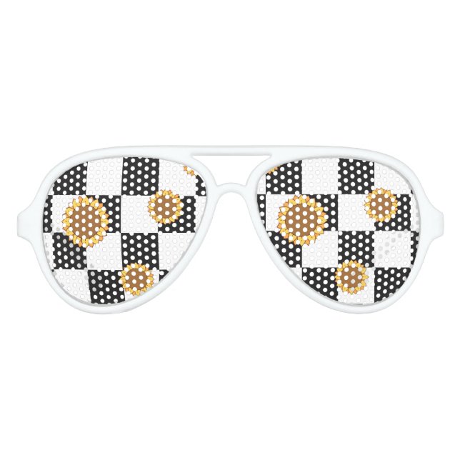 Schwarzweiß-Schachtel und Sonnenblumen-Druck Partybrille (Vorderseite)