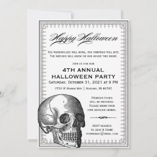 Schwarzweiss-Schädel-Vintage Halloween-Einladung Einladung