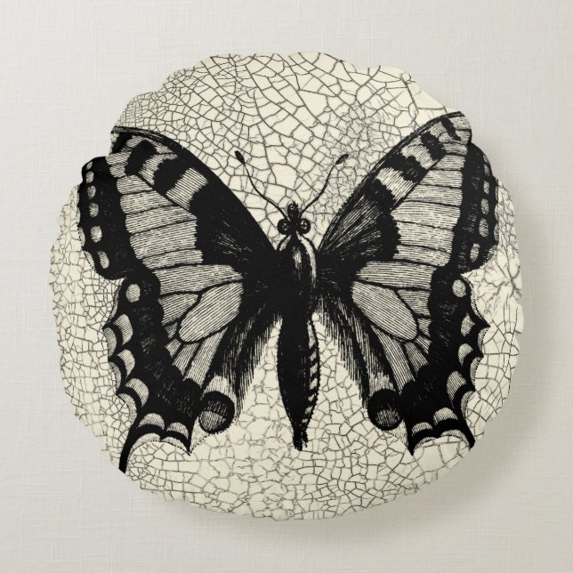 Schwarzweiss-Schmetterling auf gebrochenem Rundes Kissen (Vorderseite)