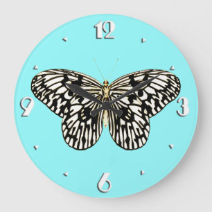 Schwarzweiß-Schmetterling, Türkis Hintergrund Große Wanduhr