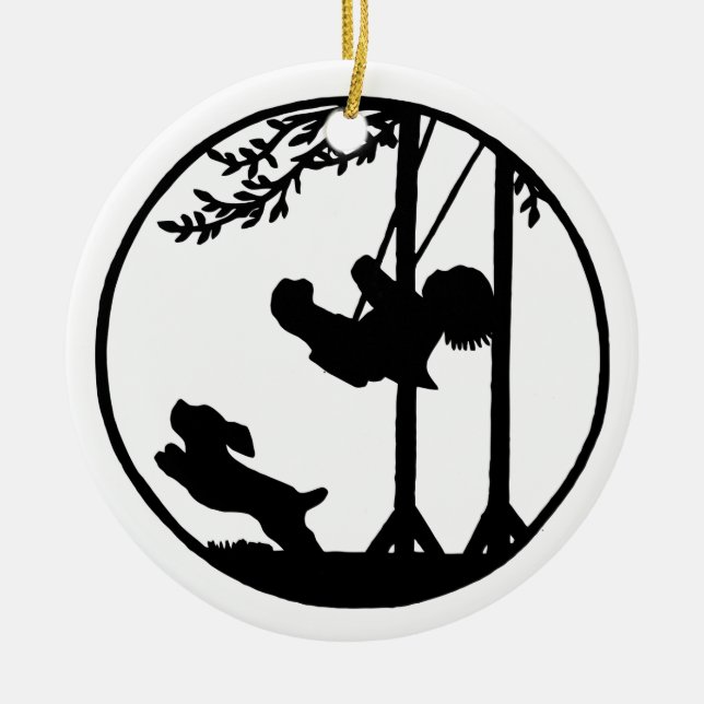 Schwarzweiss-Silhouette, Junge, Schwingen, Hund Keramikornament (Vorne)