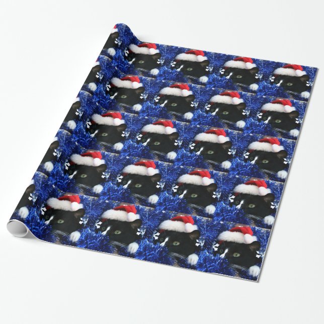 Schwarzweiss-Smokingskatzenweihnachtshutlametta Geschenkpapier (Ungerollt)